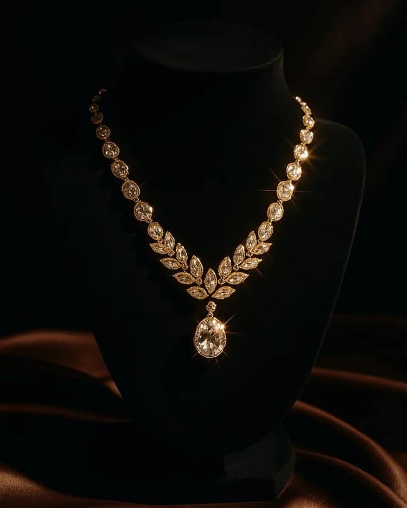 A graduated champagne diamond necklace with a large oval champagne drop, on a black bust.