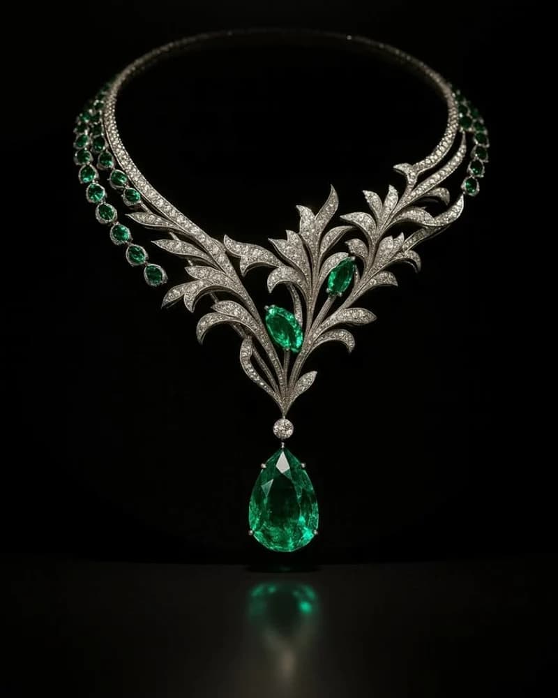 A diamond foliate collar with a large emerald pear drop and an emerald-set chain.
