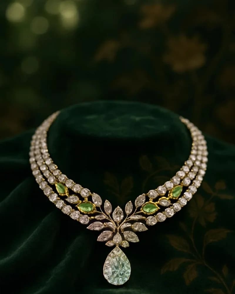 A double-row diamond necklace with peridot marquise leaves and a pale green pear drop, on dark velvet.