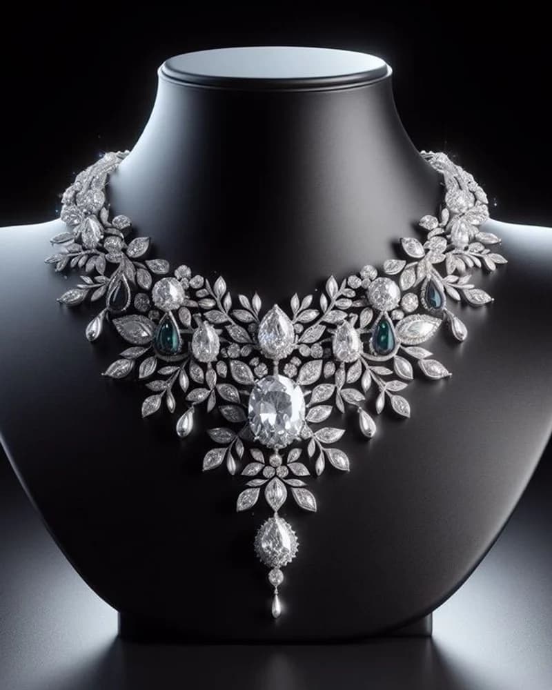 A diamond floral collar with a large oval centre stone and a pear-cut drop, on a black bust.