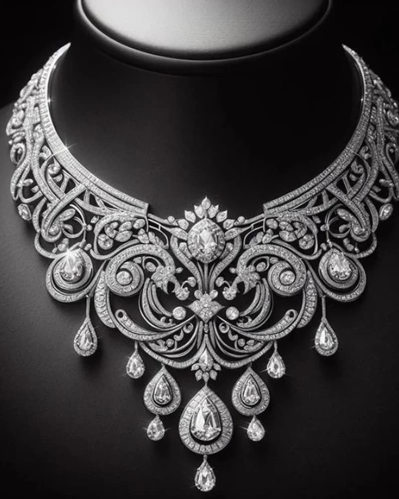 An elaborate pierced diamond ceremonial collar with five graduated pear-cut drops.