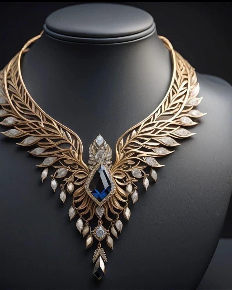 A gold wing-form collar in wheat leaves with a marquise sapphire at the centre.