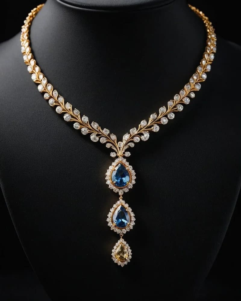 A gold leaf necklace with two sapphire pear drops and a yellow diamond drop beneath them.