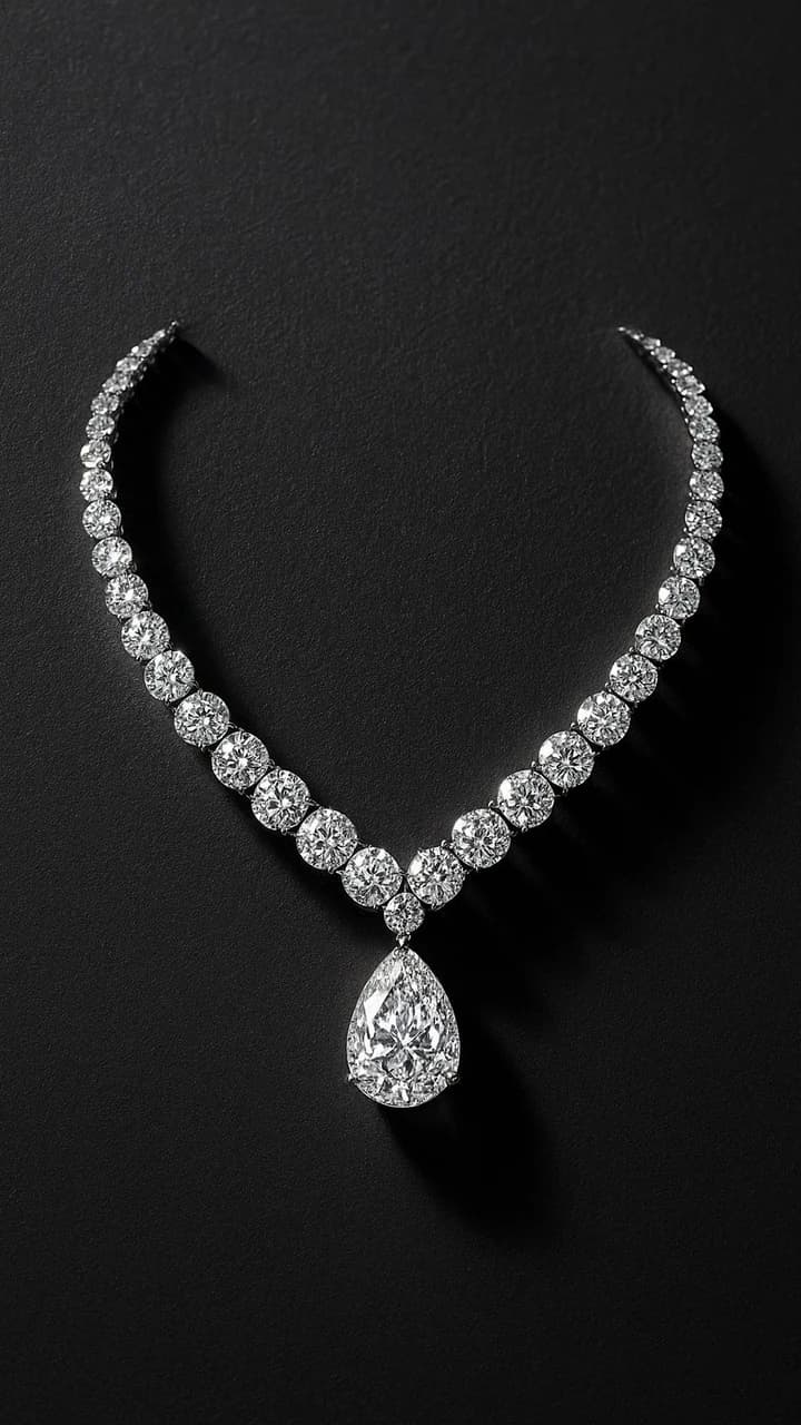 A graduated diamond rivière with a pear-cut drop, photographed on black.